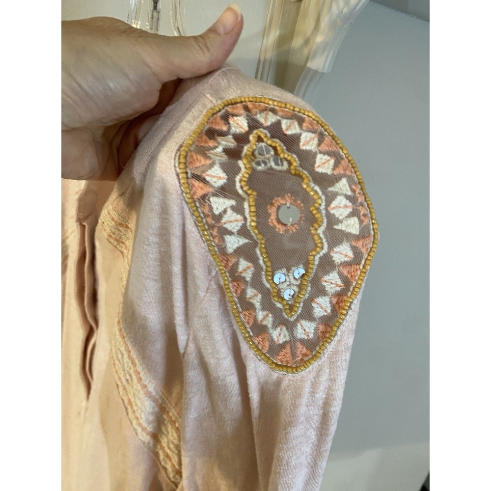 SUNDANCE Pink Embroidered Beaded Henley Top L Boho Slub Knit